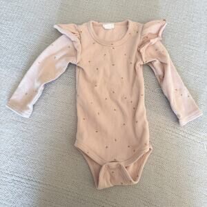 Jamie Kay Pink Daisy Print Ruffle Shoulder Ribbed Long Sleeve One Piece Bodysuit